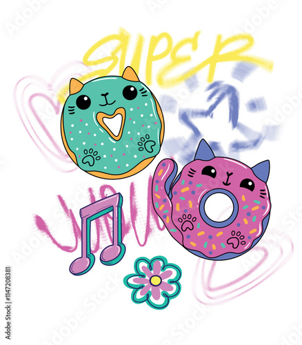 Poster with cute cat donuts in kawaii style on colorful street art style graffiti words, stars, cartoon flower. Kittens sweet. Cartoon kids tee design
