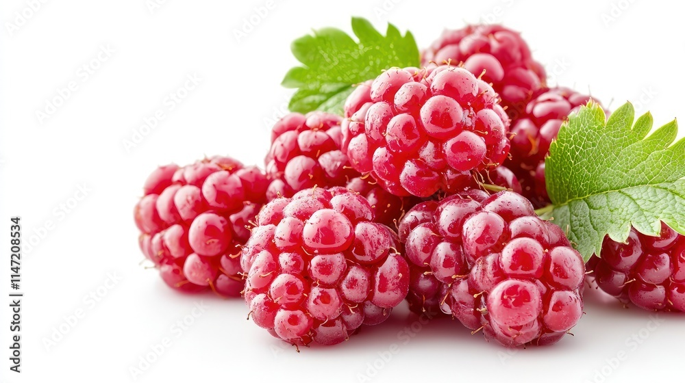 Close-up of ripe red raspberries with green leaves on white background. Close-up of ripe red raspberries with green leaves on white background.