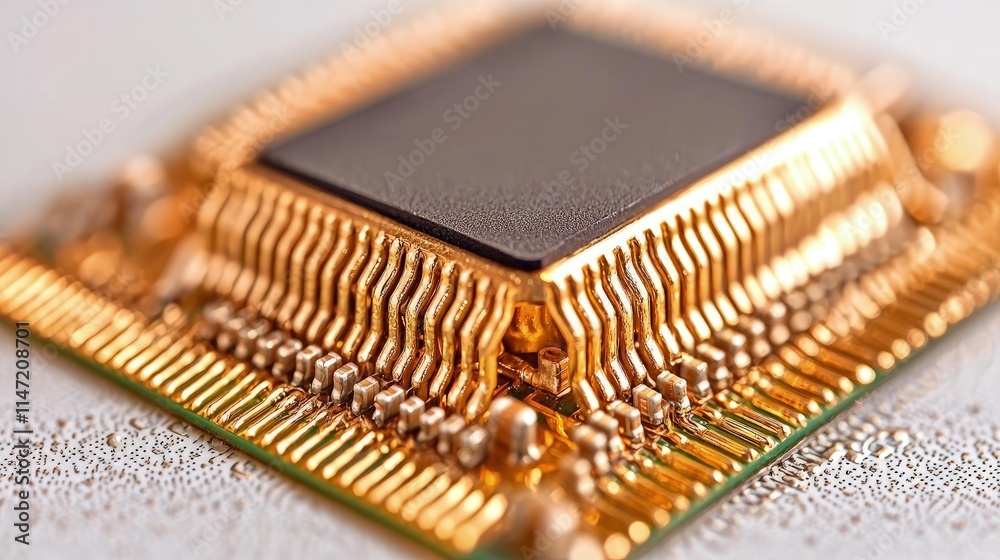 Close-up of a gold-plated microchip with a dark sensor. Close-up of a gold-plated microchip with a dark sensor.