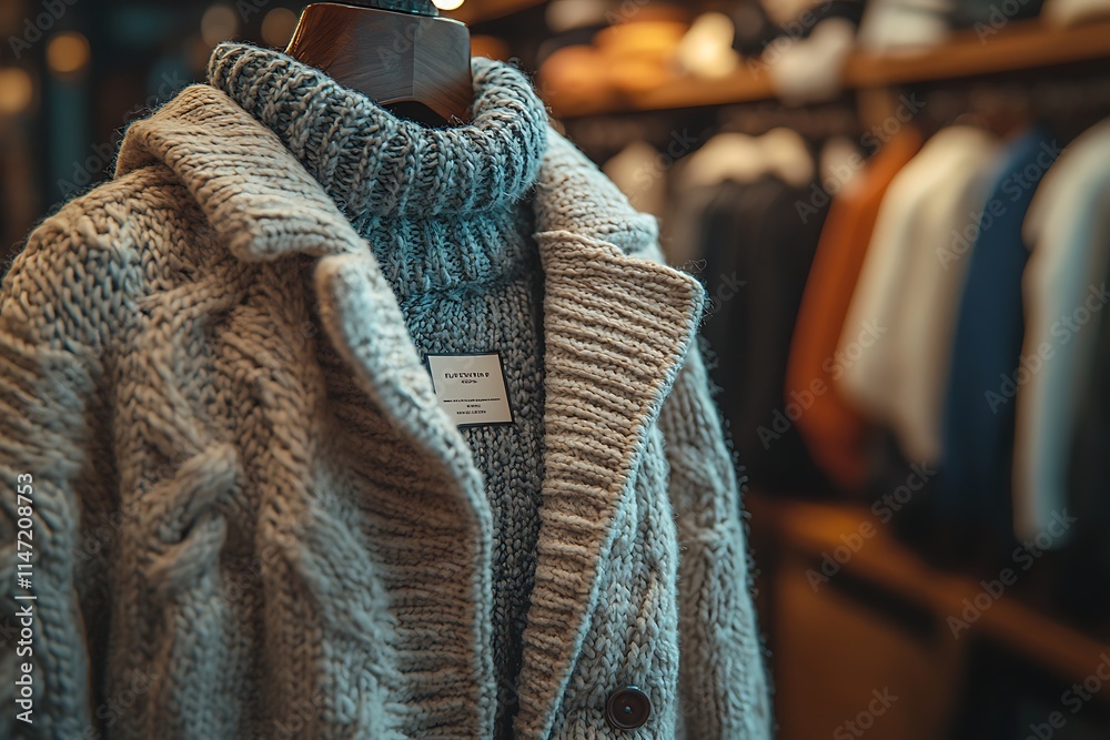 Close-up of a beige woolen cardigan and a blue knitted sweater hanging on a rack in a fashion store. Close-up of a beige woolen cardigan and a blue knitted sweater hanging on a rack in a fashion store.