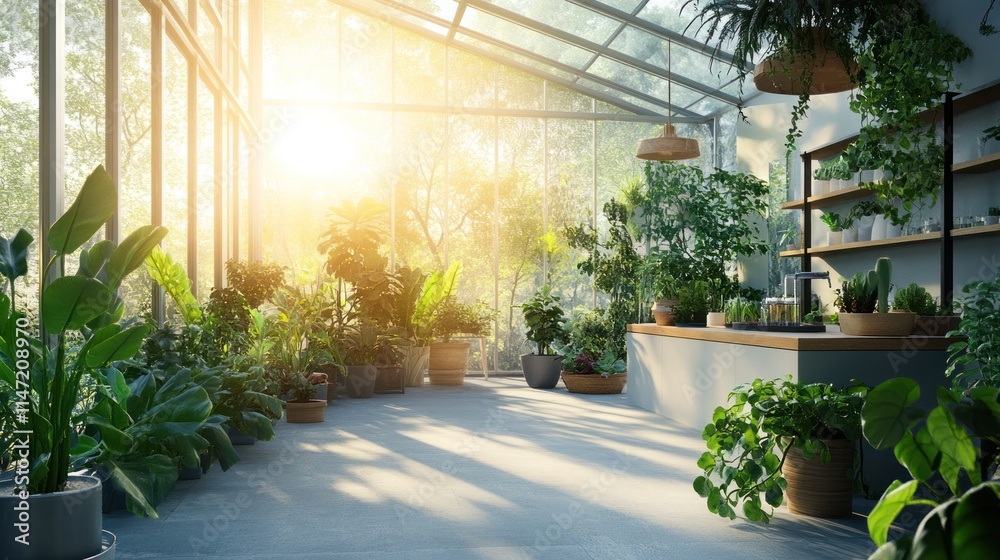 A modern glass conservatory with a countertop, potted plants and large windows overlooking a green forest with the sun shining through. A modern glass conservatory with a countertop, potted plants and large windows overlooking a green forest with the sun shining through.