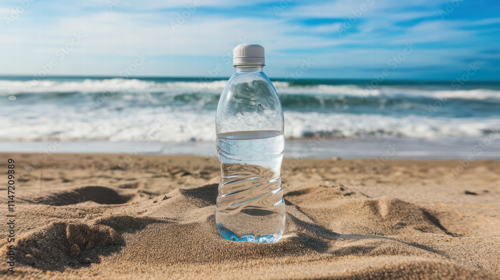 clear water bottle stands on sandy beach, with ocean waves in background, evoking refreshing and serene atmosphere clear water bottle stands on sandy beach, with ocean waves in background, evoking refreshing and serene atmosphere