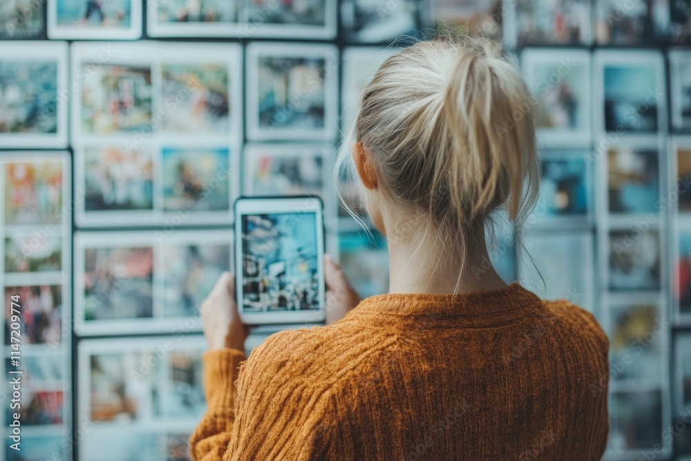 A person viewing photos on a tablet in front of a wall covered with various images. A person viewing photos on a tablet in front of a wall covered with various images.