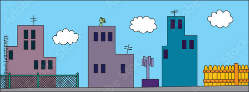 multi-storey buildings on which antennas and a satellite dish are located, next to the houses there are chain-link fences and a wooden fence and a 5G tower