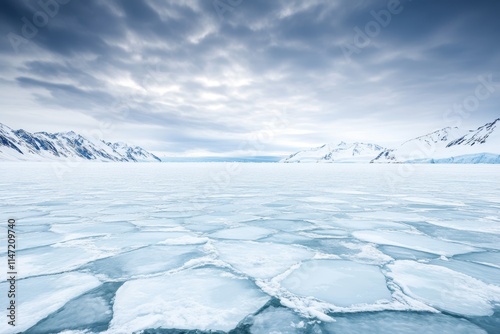 A serene icy landscape with fragmented ice and distant mountains under a cloudy sky.