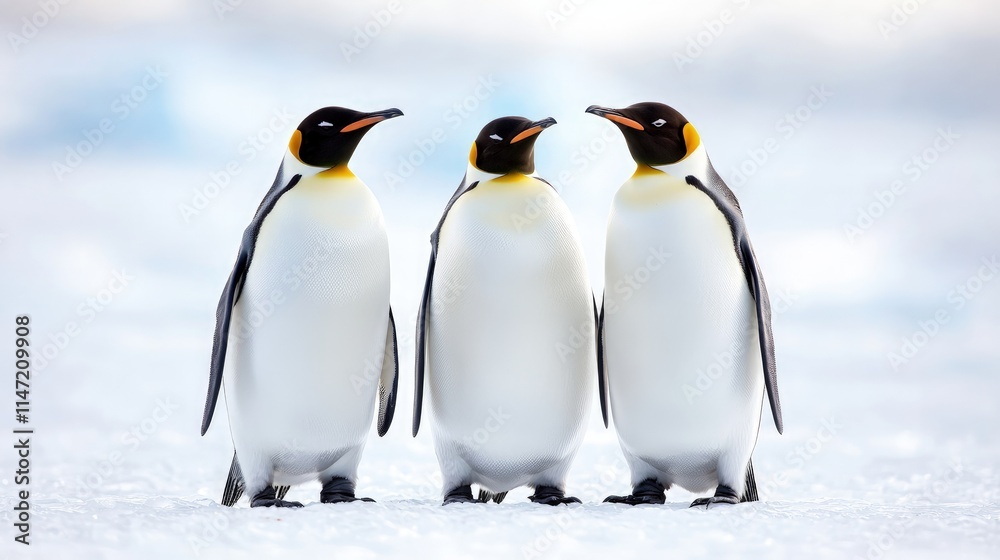 Fototapeta premium Three king penguins standing together on snow.