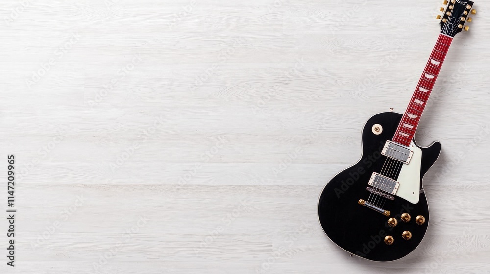 Fototapeta premium Black electric guitar on light wood background.