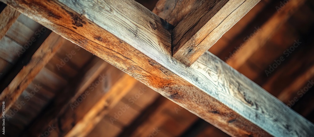 Rustic wooden ceiling beams in an attic. Rustic wooden ceiling beams in an attic.
