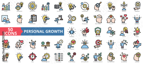 Personal growth icon collection set. Containing development, improvement, progress, learning, evolve, transformation icon. Simple flat outline vector illustration