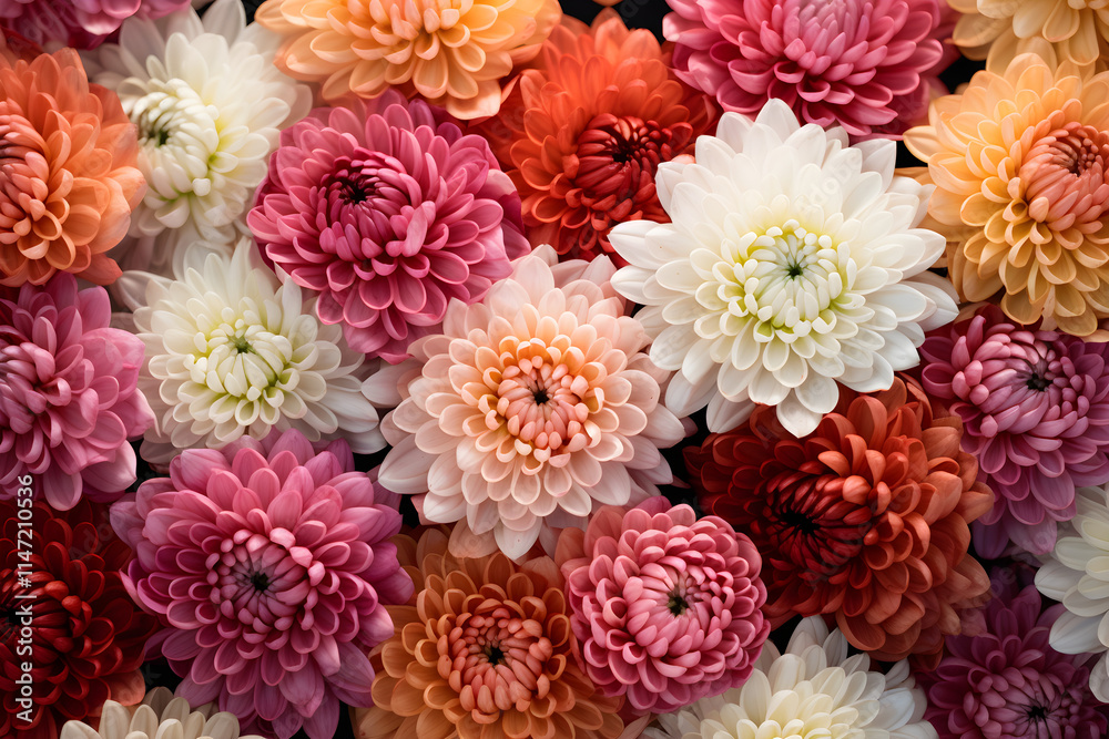 Close-Up View of Vibrant Chrysanthemum Blooms: Colorful Symphony of Nature's Beauty Close-Up View of Vibrant Chrysanthemum Blooms: Colorful Symphony of Nature's Beauty