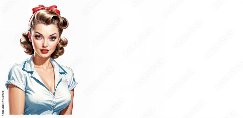 Very beautiful young woman in white robe and with red bow on her head on white background, banner with space for text. Advertising banner of cosmetology clinic.
Very beautiful young woman in white robe and with red bow on her head on white background, banner with space for text. Advertising banner of cosmetology clinic.