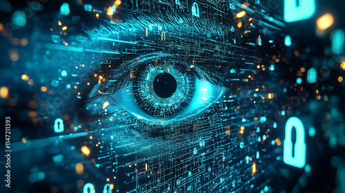 A stylized digital eye embedded in a binary code matrix, representing digital surveillance, data privacy concerns, and AI monitoring in the cyber world.