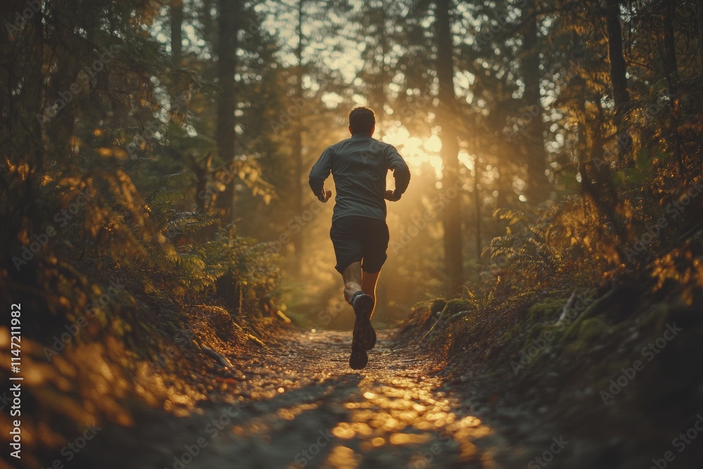 A person jogging on a forest trail during sunset, surrounded by nature's beauty. A person jogging on a forest trail during sunset, surrounded by nature's beauty.