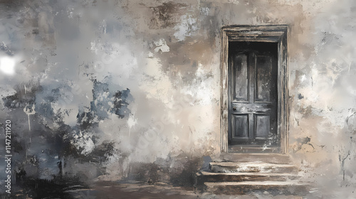 Time-worn walls whisper forgotten stories; crumbling doors guard ghostly interiors. Whisper. Illustration photo