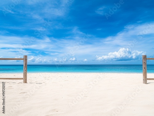 A serene beach scene with clear blue water and a bright sky.