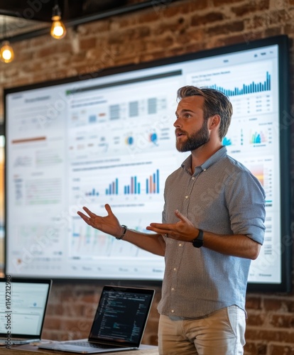 A man presents data in a meeting room with charts displayed on a large screen.