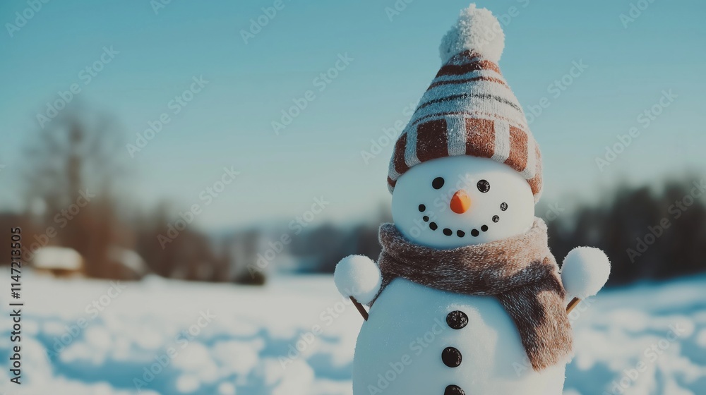 Obraz premium Snowman stands cheerfully in a winter wonderland landscape covered in fresh snow