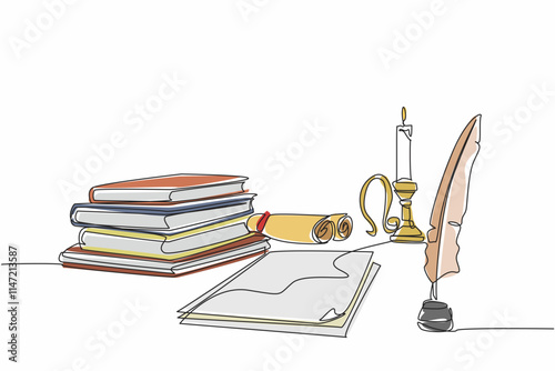 Continuous one line drawing of stack of books, sheets of paper, rolls of paper in one frame. Classical era writing instrument. Quill. World Poetry Day. Single line draw design vector illustration