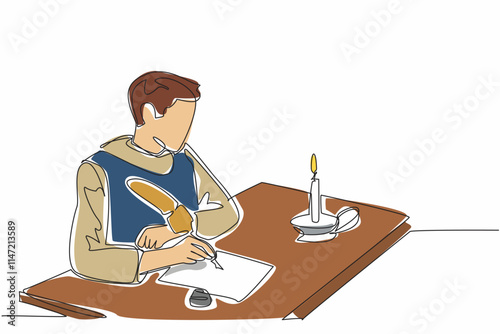 Single continuous line drawing man in medieval clothes writing on old paper. Writing rhyming poems. Writing metaphors with implied meanings. World Poetry Day. One line design vector illustration
