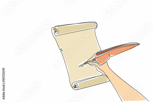 Single one line drawing hand writing on old paper. Writing poems. Poetry. Rhyme. Lyrics. Rhyming. Historical writings. Full of allusions. World Poetry Day. Continuous line design graphic illustration