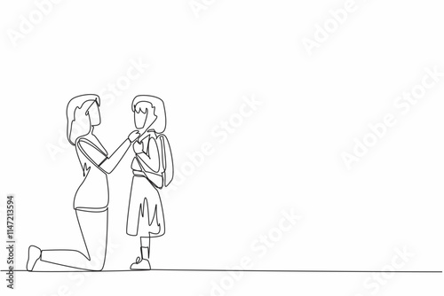 Single continuous line drawing mother kneeling buttoning daughter's shirt. Help prepare for going to school. Without ulterior motives. National Single Parent Day. One line design vector illustration photo