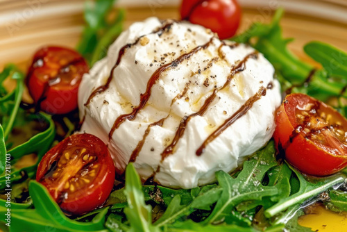 Creamy burrata cheese delight gourmet kitchen food photography rustic setting close-up indulgence photo