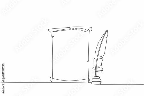 Single one line drawing A sheet of old paper rolled up in a standing position. History is written through language. Light but meaningful. World Poetry Day. Continuous line design graphic illustration