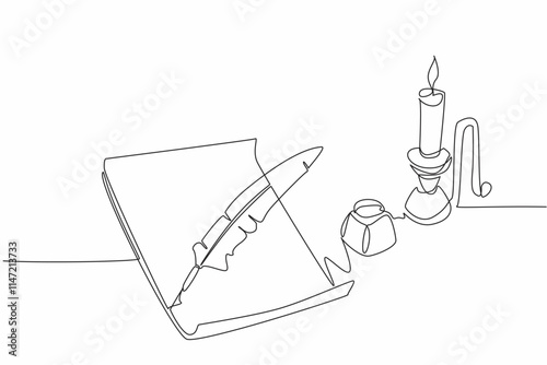 Single continuous line drawing a sheet of paper with quill. There is an inkwell to make writing easier. Recording culture through light language. World Poetry Day. One line design vector illustration