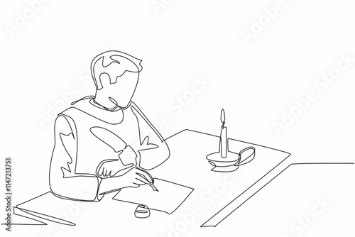 Single continuous line drawing man in medieval clothes writing on old paper. Writing rhyming poems. Writing metaphors with implied meanings. World Poetry Day. One line design vector illustration