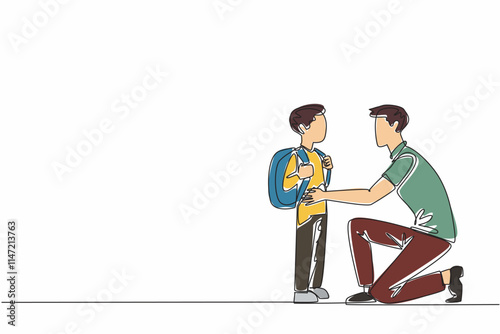 Continuous one line drawing father crouches hold son who is going to school. Advise. Give positive input to continue doing good. National Single Parent Day. Single line draw design vector illustration