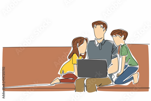 Single continuous line drawing father open laptop on sofa accompanied by son and daughter. Working from home. Parenting. Caring. Loving. National Single Parent Day. One line design vector illustration