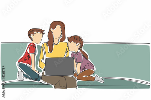 Single continuous line drawing mother opens laptop on sofa with her daughter and son. Bringing work to home. Missing the kids so much. National Single Parent Day. One line design vector illustration