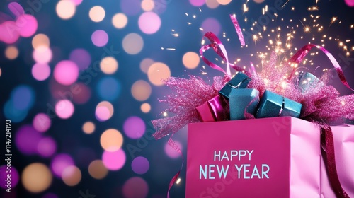 sparkling new year celebration with gifts and pink box