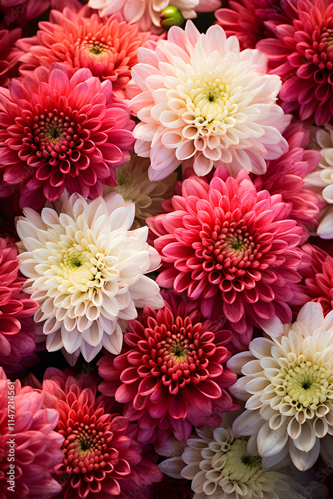 Close-Up View of Vibrant Chrysanthemum Blooms: Colorful Symphony of Nature's Beauty Close-Up View of Vibrant Chrysanthemum Blooms: Colorful Symphony of Nature's Beauty