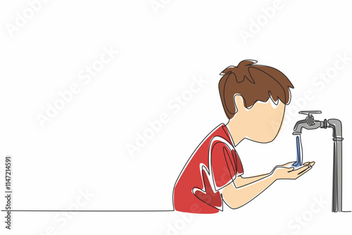 Single continuous line drawing little boy holds and inhales water with his palms. Feel the coolness. There is no longer any drought. Water flow. World Water Day. One line design vector illustration