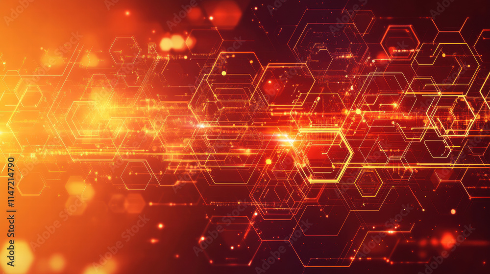 Red and orange background with a hexagonal pattern and glowing data connections, a technology concept banner design Red and orange background with a hexagonal pattern and glowing data connections, a technology concept banner design