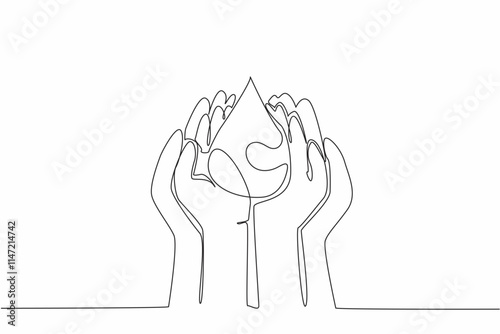 Single continuous line drawing child and adult palms pressed together to catch water. Teaching early awareness of the environment. Save water. World Water Day. One line design vector illustration