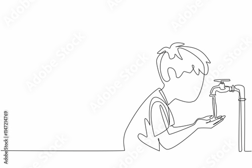 Single continuous line drawing little boy holds and inhales water with his palms. Feel the coolness. There is no longer any drought. Water flow. World Water Day. One line design vector illustration