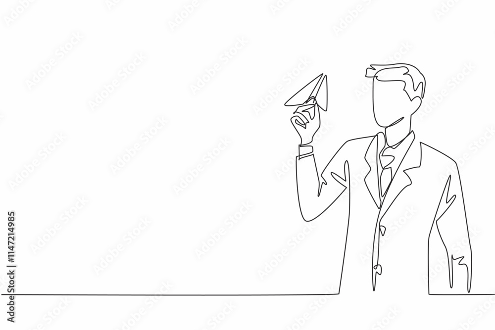 Single continuous line drawing businessman hold paper airplane and preparing to fly it. Childhood nostalgia is a great excuse to laze around. National Goof Off Day. One line design vector illustration Single continuous line drawing businessman hold paper airplane and preparing to fly it. Childhood nostalgia is a great excuse to laze around. National Goof Off Day. One line design vector illustration