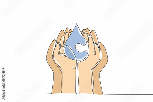 Single continuous line drawing child and adult palms pressed together to catch water. Teaching early awareness of the environment. Save water. World Water Day. One line design vector illustration