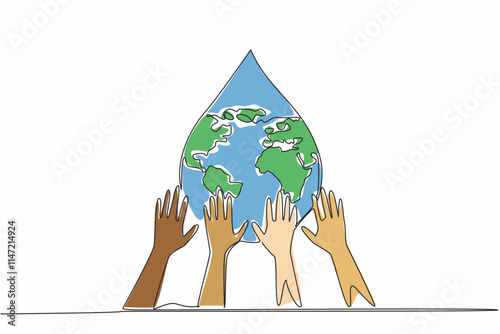 Continuous one line drawing some hands holding water drop. Must continue to maintain the purity of water. Cooperate with each other. Save. World Water Day. Single line draw design vector illustration