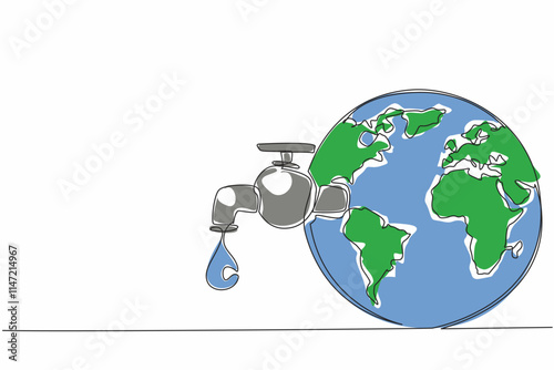 Single one line drawing the faucet is attached to the globe and drips water. Make the most of the purity of the water. Cant be wasteful. World Water Day. Continuous line design graphic illustration