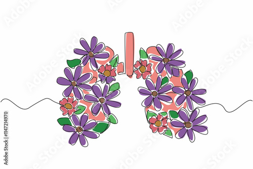 Continuous one line drawing lungs with flowers and leaves in the middle. Love the lung health like caring for flowers in a garden. World Tuberculosis Day. Single line draw design vector illustration