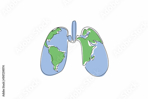 Single one line drawing lungs with a world map in the middle. Awareness must be raised in the world community. Maintain lung health. World Tuberculosis Day. Continuous line design graphic illustration