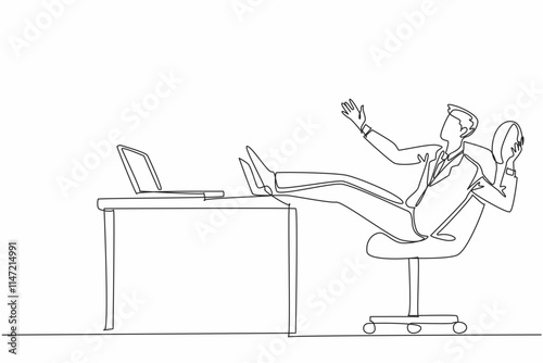 Continuous one line drawing businessman sitting lazily playing rugby ball. Watch streaming via laptop. Today's activities. Not work. National Goof Off Day. Single line draw design vector illustration