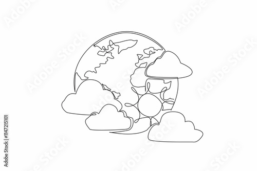 Single one line drawing the globe surrounded by several clouds and the sun. Experts predict the rainy season has not yet arrived. World Meteorological Day. Continuous line design graphic illustration