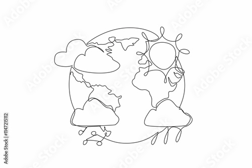 Single one line drawing globe with various weather prediction icons. The north is in summer. The south entering the rainy season. World Meteorological Day. Continuous line design graphic illustration