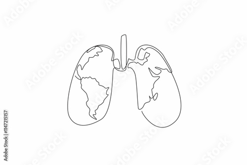 Single one line drawing lungs with a world map in the middle. Awareness must be raised in the world community. Maintain lung health. World Tuberculosis Day. Continuous line design graphic illustration