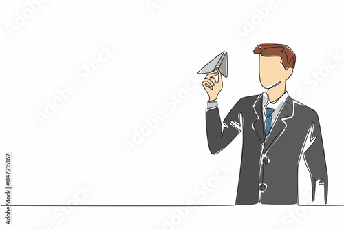 Single continuous line drawing businessman hold paper airplane and preparing to fly it. Childhood nostalgia is a great excuse to laze around. National Goof Off Day. One line design vector illustration