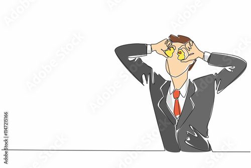 Single one line drawing businessman holds duck dolls in each hand and places them on his eyes. Joking. Relaxing. Lazy to work. Play. National Goof Off Day. Continuous line design graphic illustration